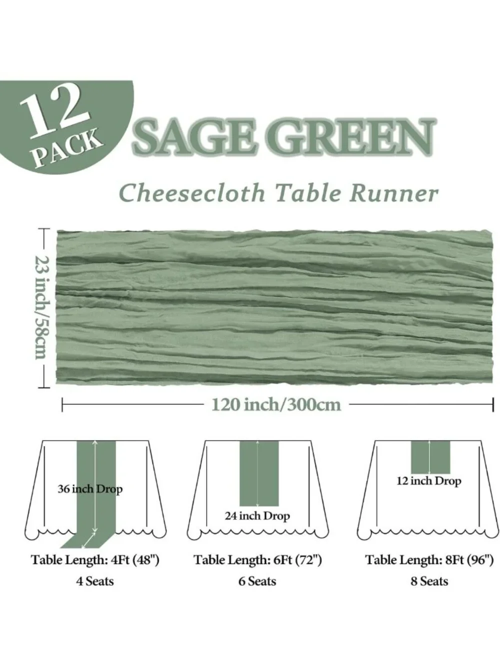 12 Pack Sage Green Gauze Table Runners 10ft Boho Sheer Rustic Decor for Events